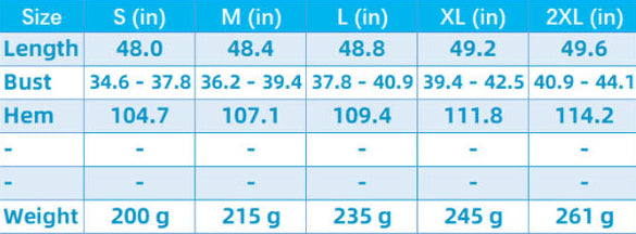 Measurement chart for a purple dress with size chart details.