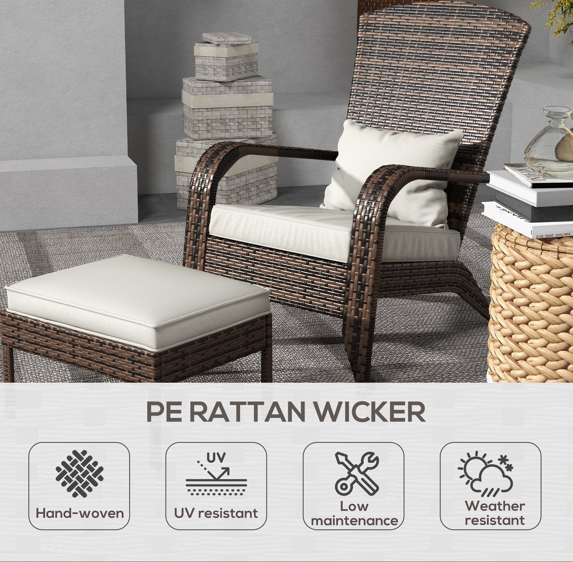 rattan Outdoor Chair with Footstool and Cushions