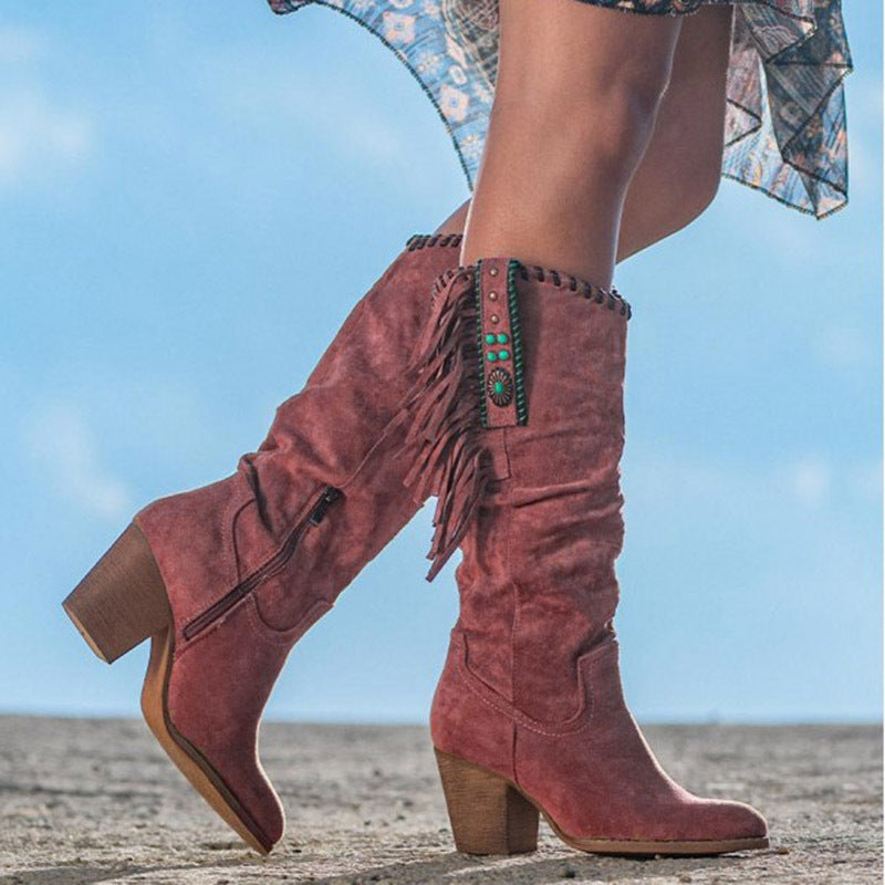 Boho Fringed Velvet Boots with Chunky Heel