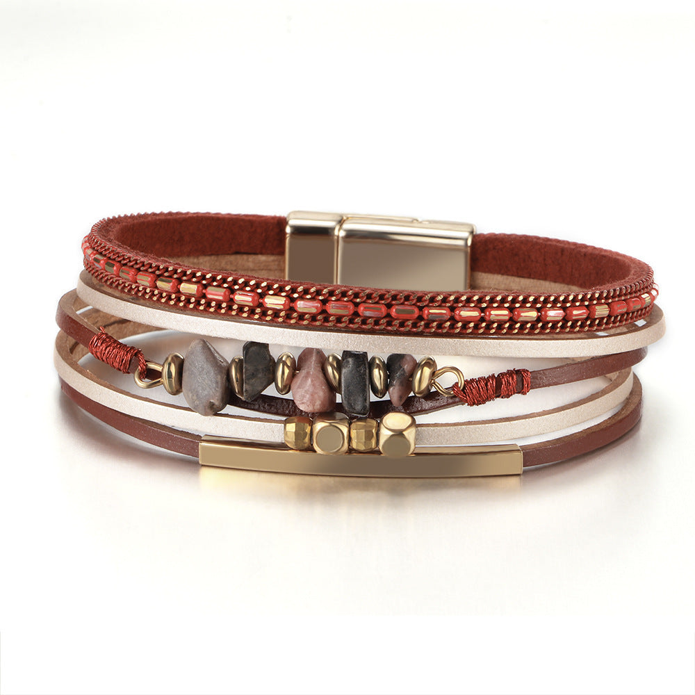 red Boho Layered Bracelet with Magnetic Snap