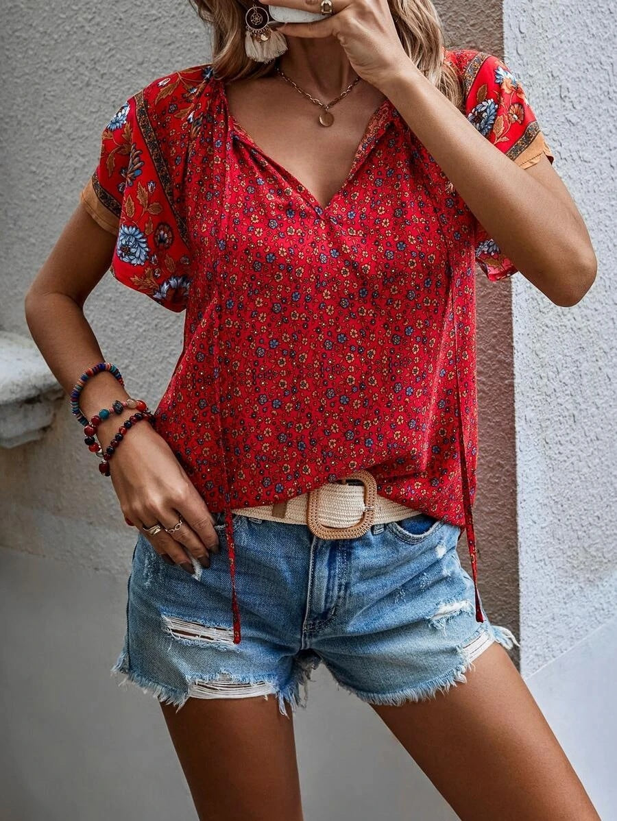 red Floral Short Sleeve Loose Shirt Boho Style