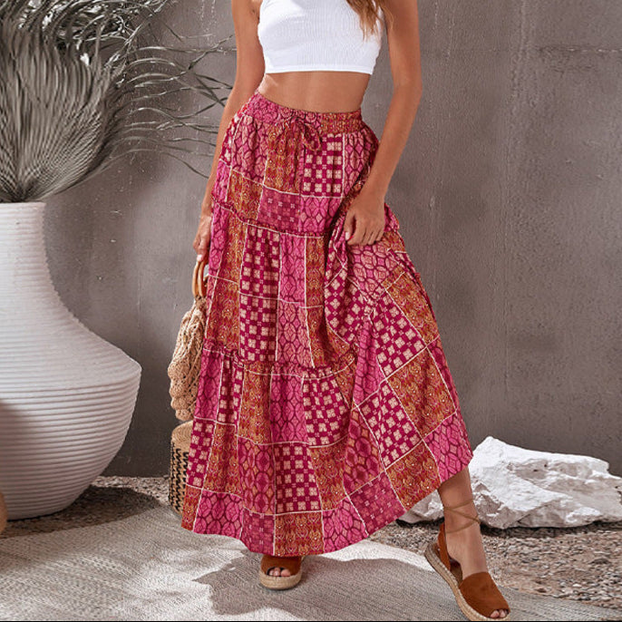 red Loose Boho Pattern Maxi A-Line Skirt