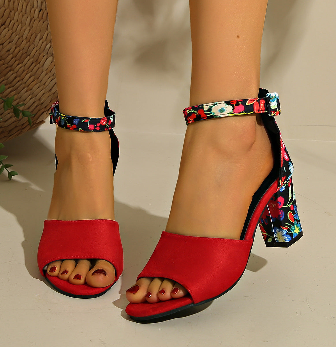 red Open Toe Sandals with Floral High Heel