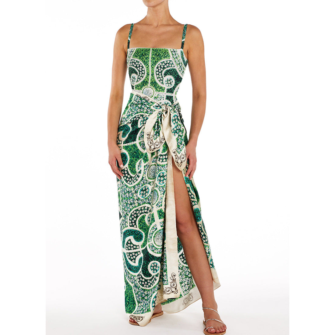Green Print One Piece Swimsuit with Wrap Skirt Cover Up sarong