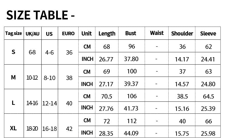 Size chart for clothing with measurements in centimeters and inches.