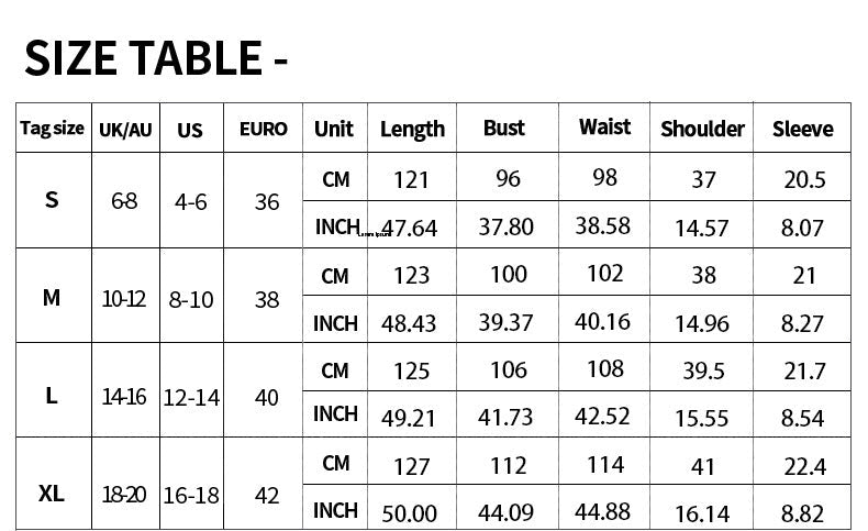 Size chart for clothing with measurements in centimeters and inches.
