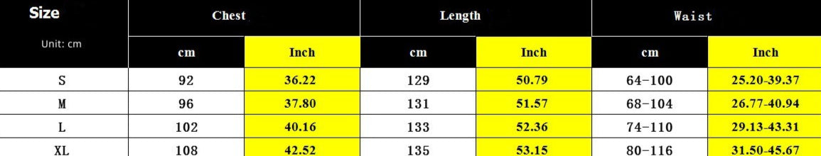 Size chart with chest, length, and waist measurements in centimeters and inches.