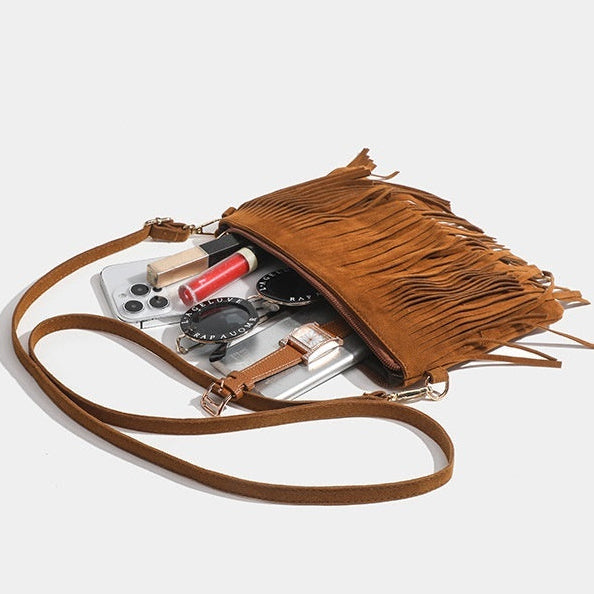 hippie Brown Fringe Square Crossbody Bag