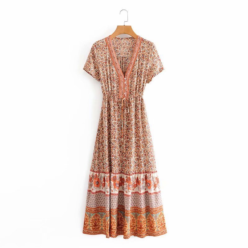 tassel Short Sleeve Boho Dress with Buttons