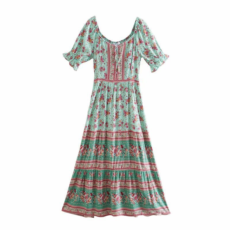 teal Boho Maxi Dress with Puff Sleeves