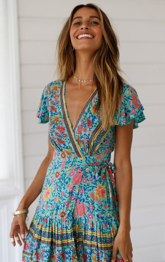teal Mini Boho Print Sundress