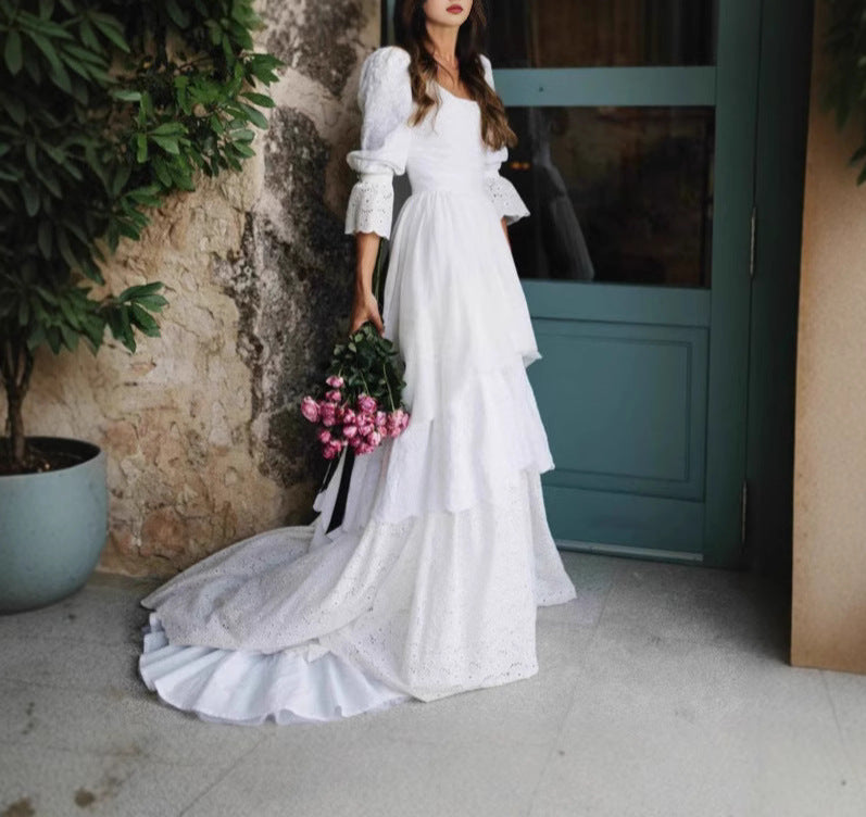 White Long Sleeve Tulle Mesh Bridal Dress