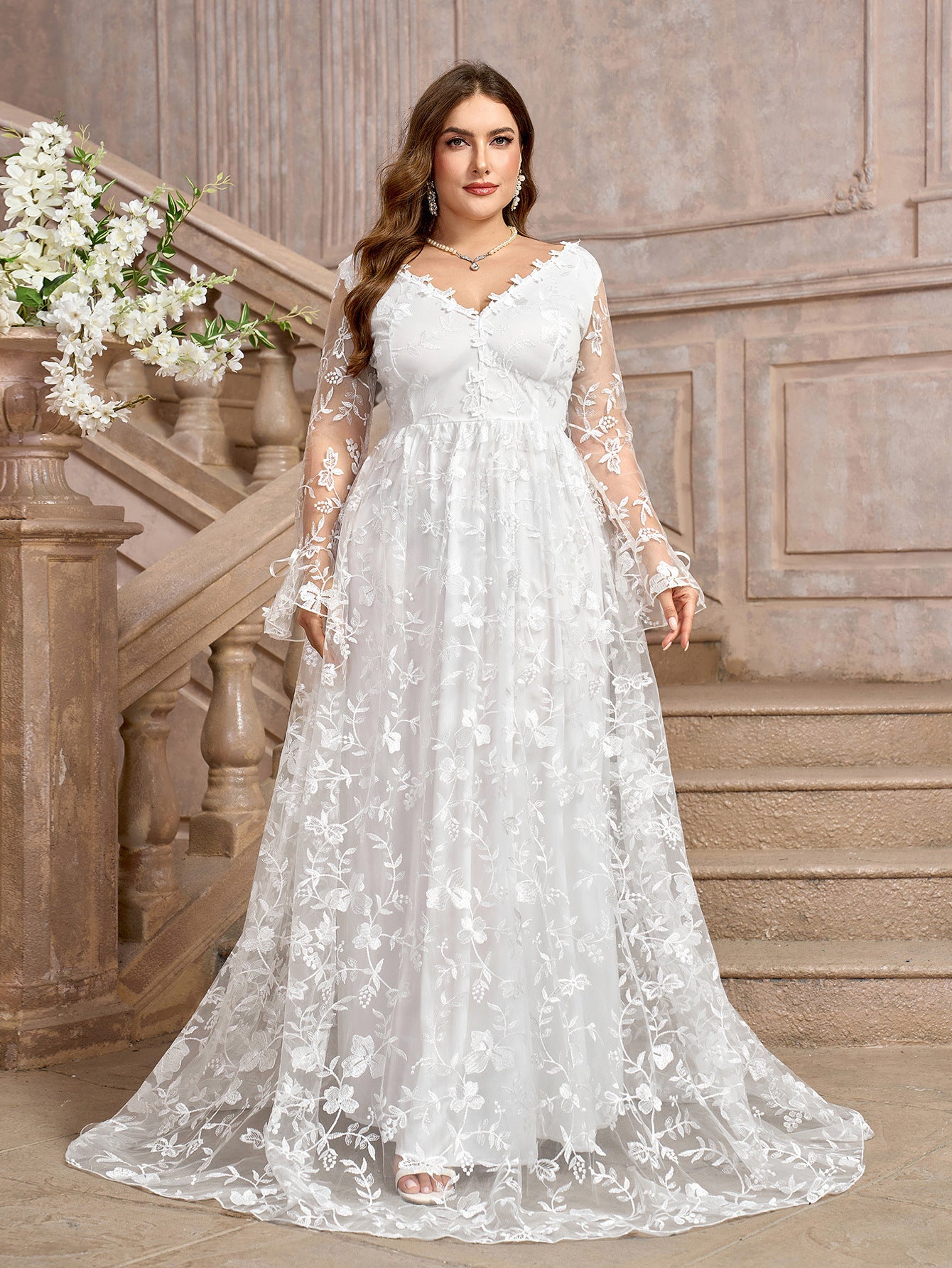 White Embellished Floral Lace Plus Size Boho Bridal Gown