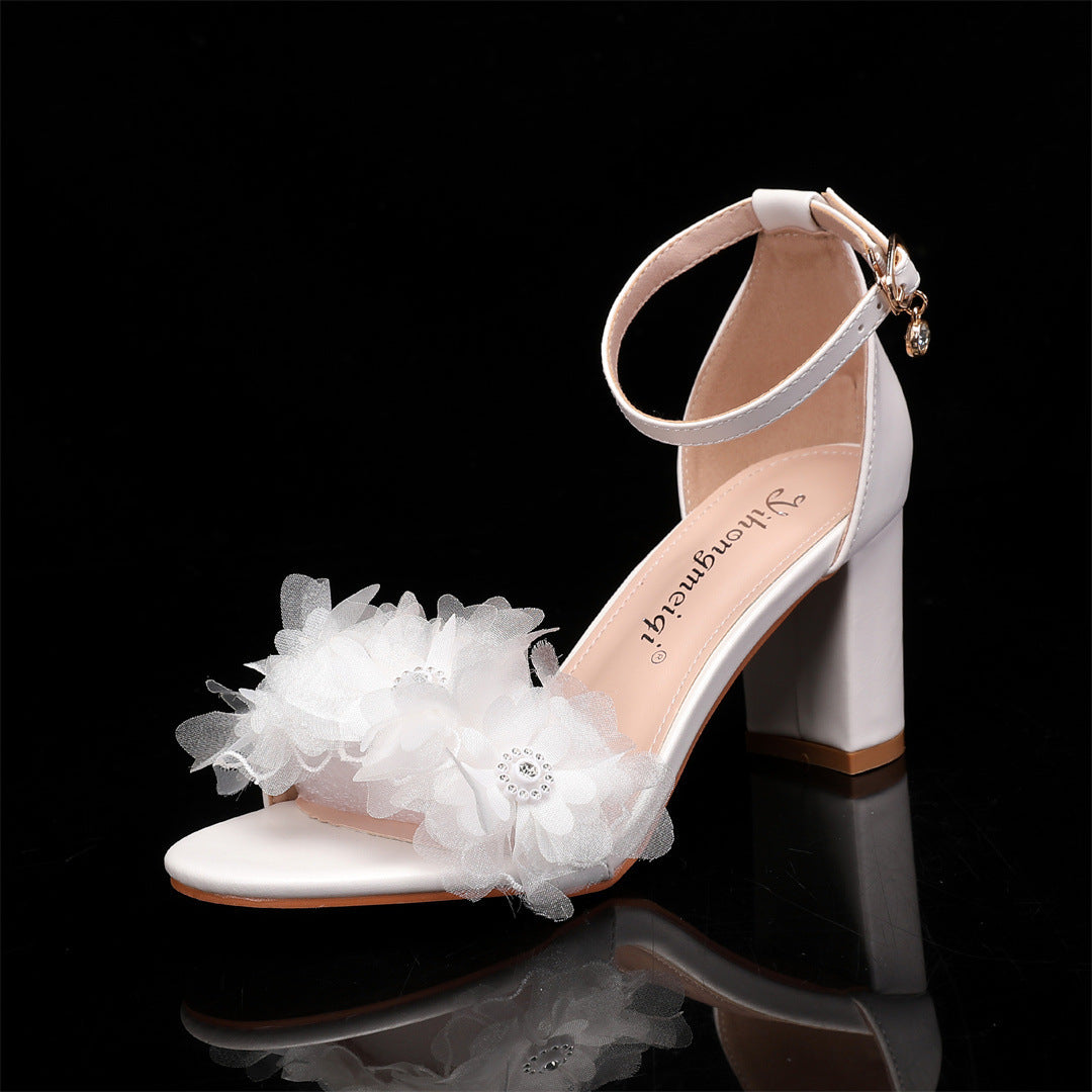 Boho Block Wedding Heels with 3D Flowers