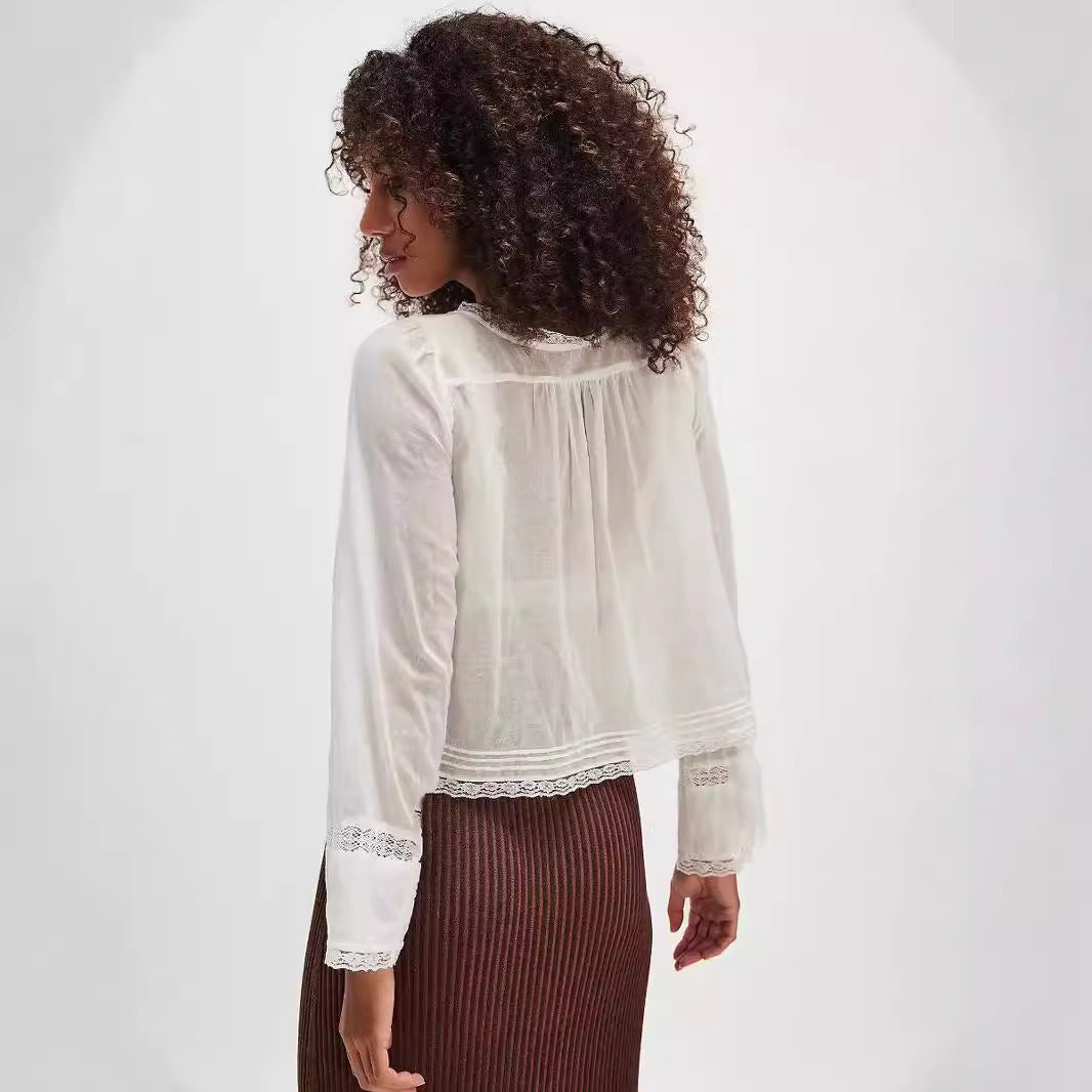 white Boho Chic Lace U-Shaped Neckline Shirt