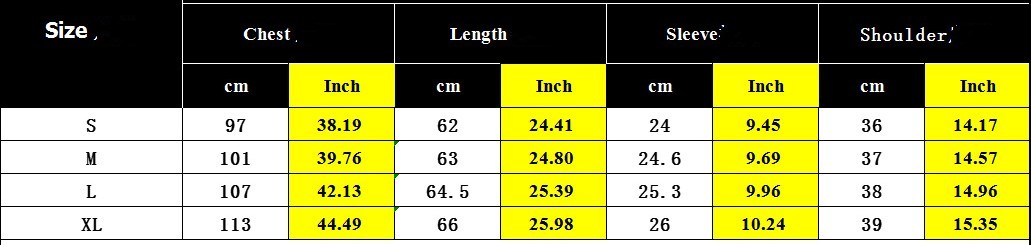 Size chart with chest, length, sleeve, and shoulder measurements in centimeters and inches.