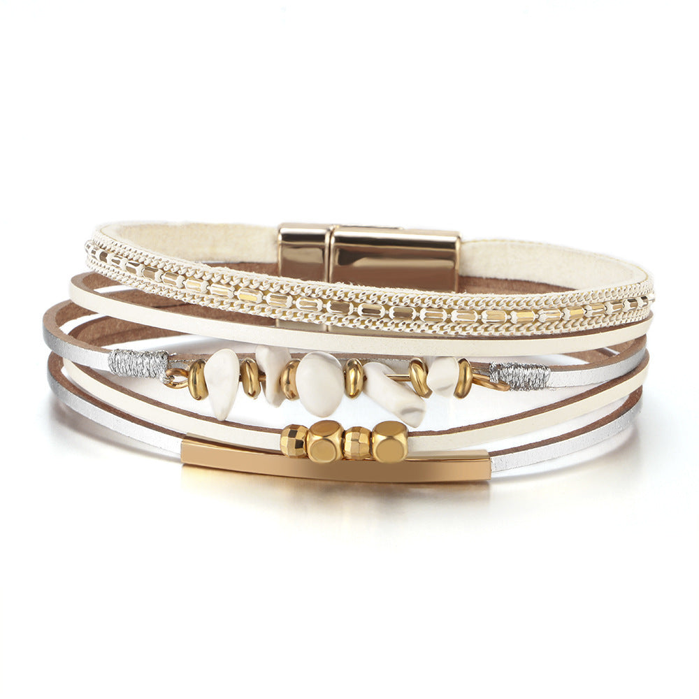 white Boho Layered Bracelet with Magnetic Snap