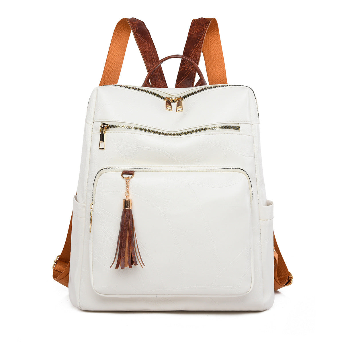 white Large Boho Backpack with Tassel Zipper Vegan Leather