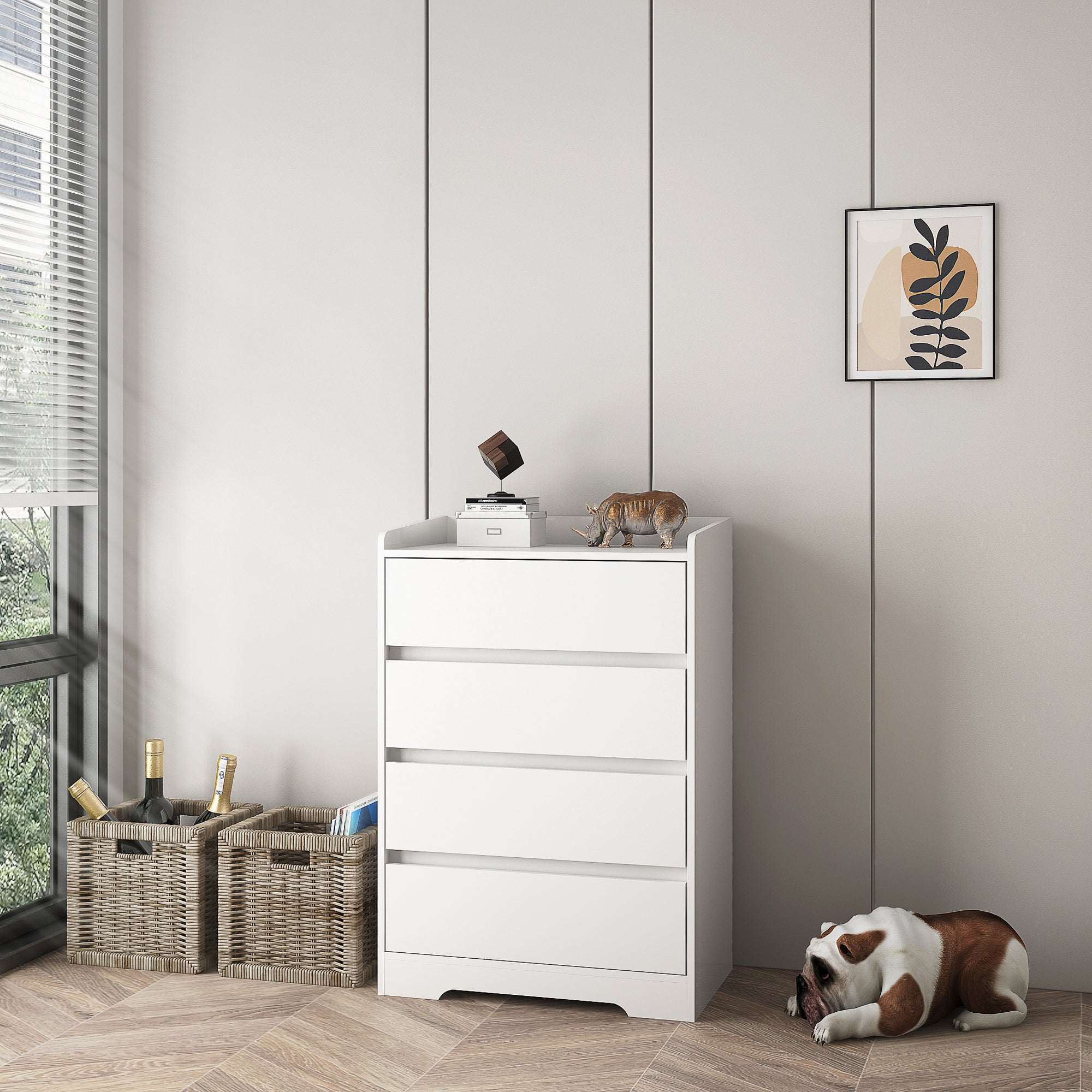 White dresser with decorative items in a room with a window and framed picture on the wall.