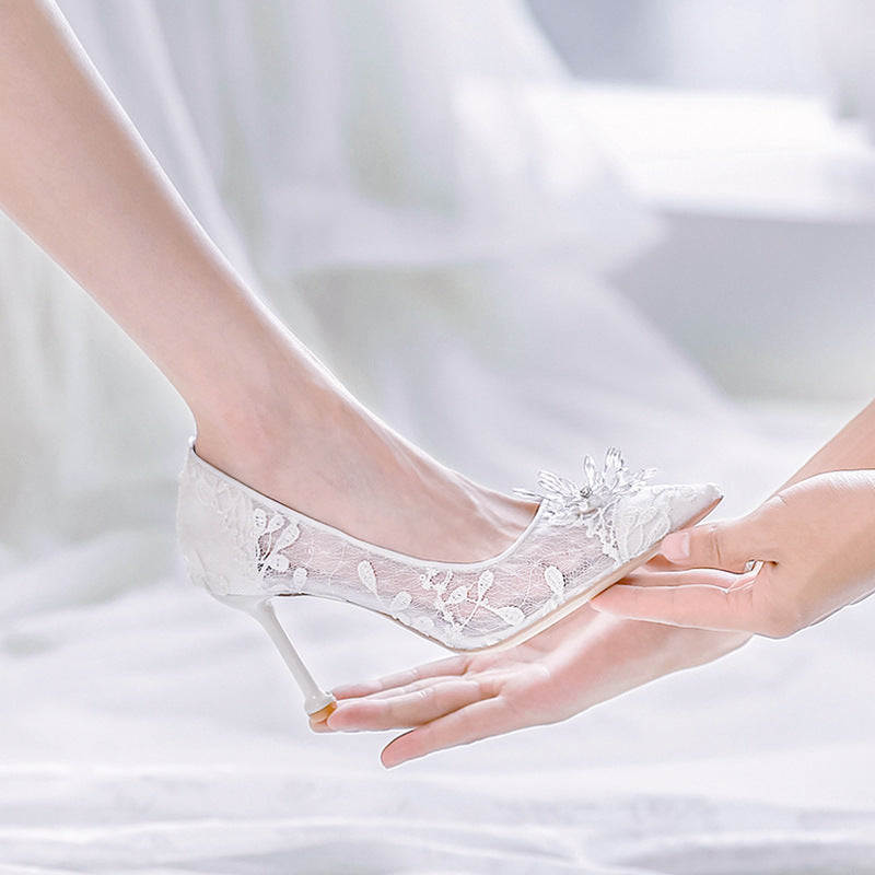 white Sheer Lace Bridal Heels Boho Chic Design with Pointed Toe