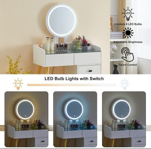 wood white Boho Dresser With LED Light Mirror And Stool