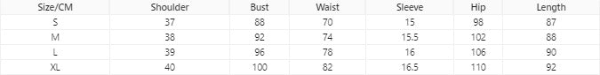 Size chart for clothing with measurements in centimeters and inches.