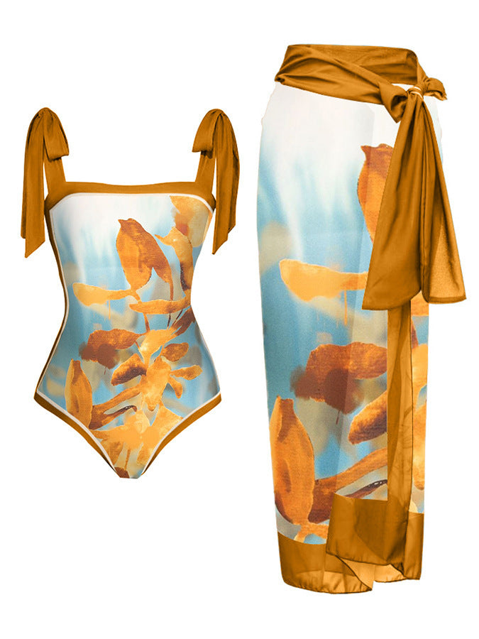 Floral Print One Piece Swimsuit with Sarong Bohemian Style