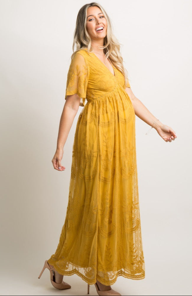 yellow Lace V-Neck Pregnancy Photoshoot Dress