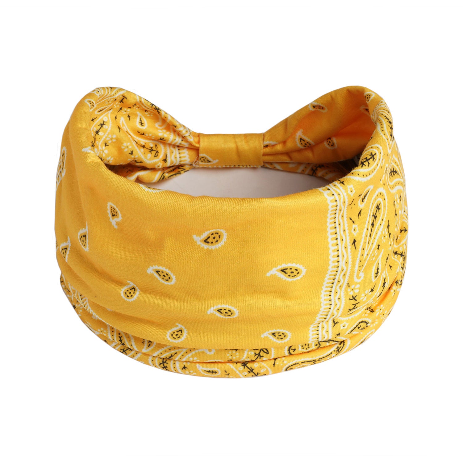 Yellow headband with a bow and paisley pattern on a white background