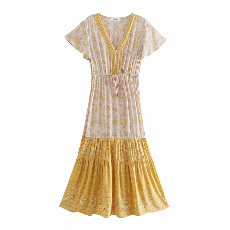 yellow Short Sleeve Boho Dress with Buttons