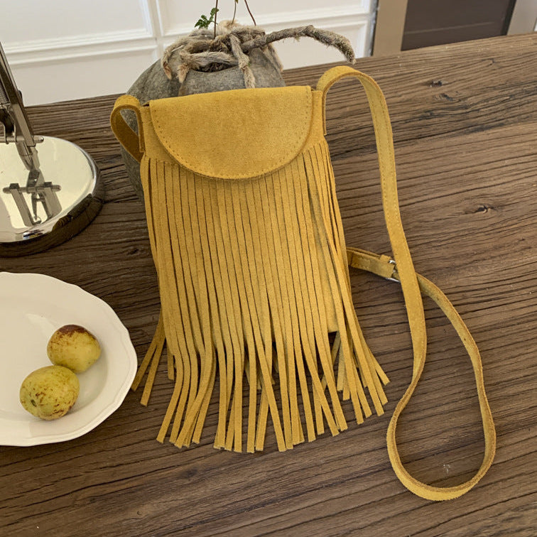 yellow Small Bohemian Crossbody Purse Fringe Detail