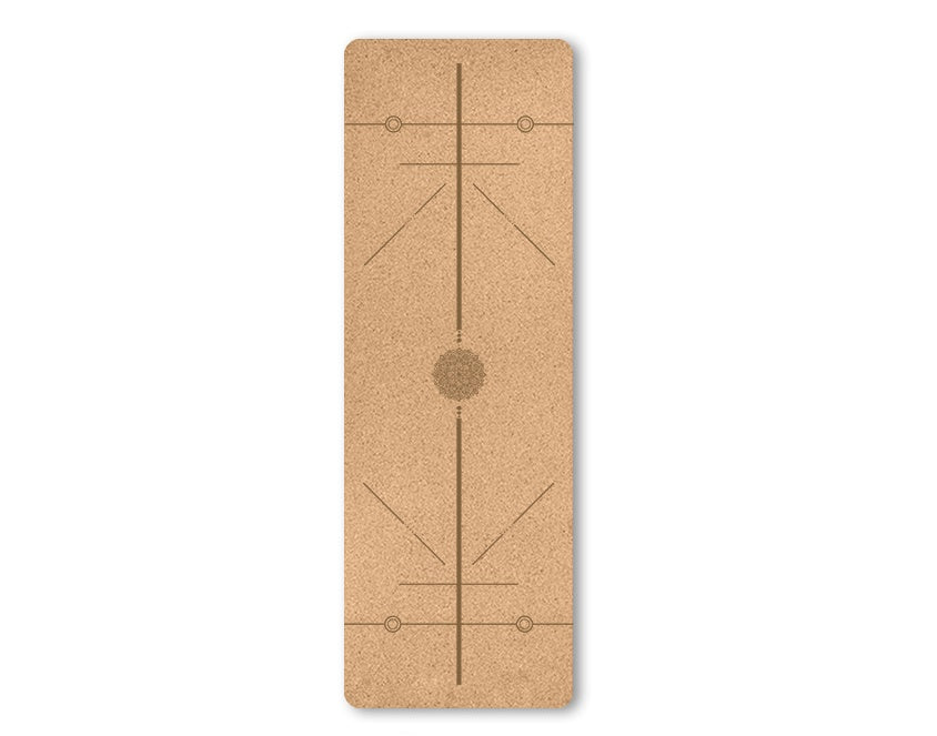 Cork yoga mat with geometric design on a white background